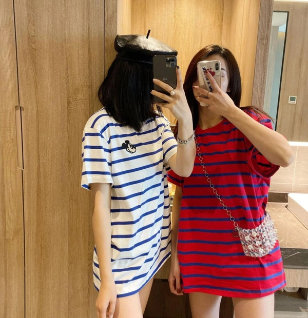 时尚大版型女装圆领T恤衫宽松中袖条纹t恤