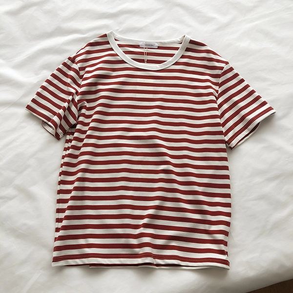 时尚大版型女装圆领T恤衫宽松中袖条纹t恤