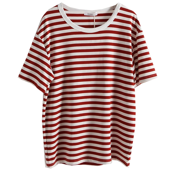 时尚大版型女装圆领T恤衫宽松中袖条纹t恤