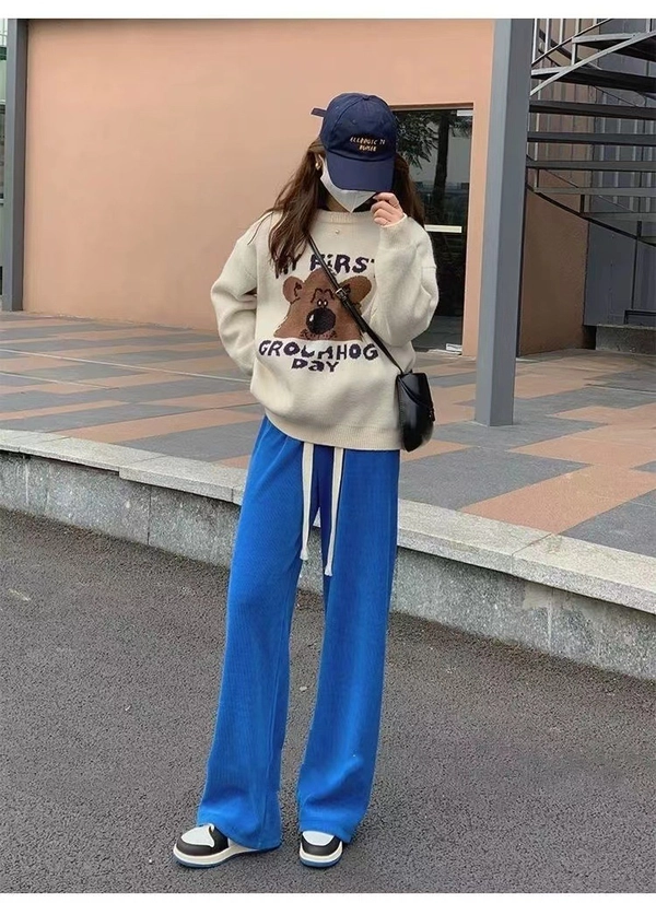 女装蛇骨纹奶油裤松紧腰垂感直筒显瘦休闲阔腿裤