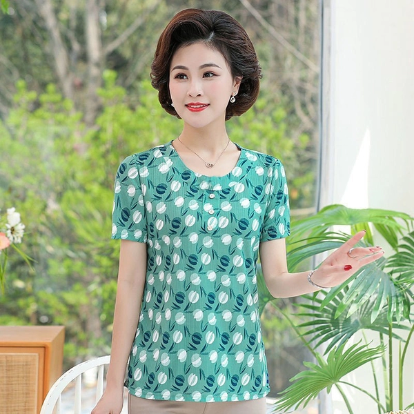 地摊货源大码中老年妈妈装夏装短袖美人条上衣奶奶衣服