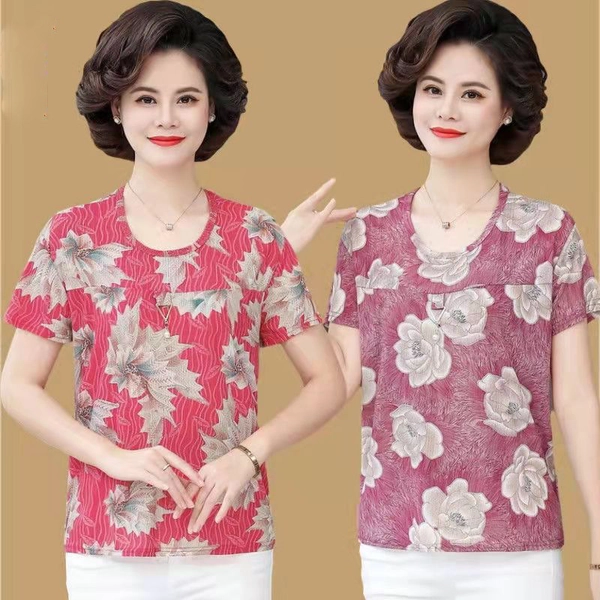 地摊货源大码中老年妈妈装夏装短袖美人条上衣奶奶衣服