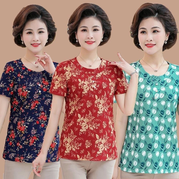 地摊货源大码中老年妈妈装夏装短袖美人条上衣奶奶衣服
