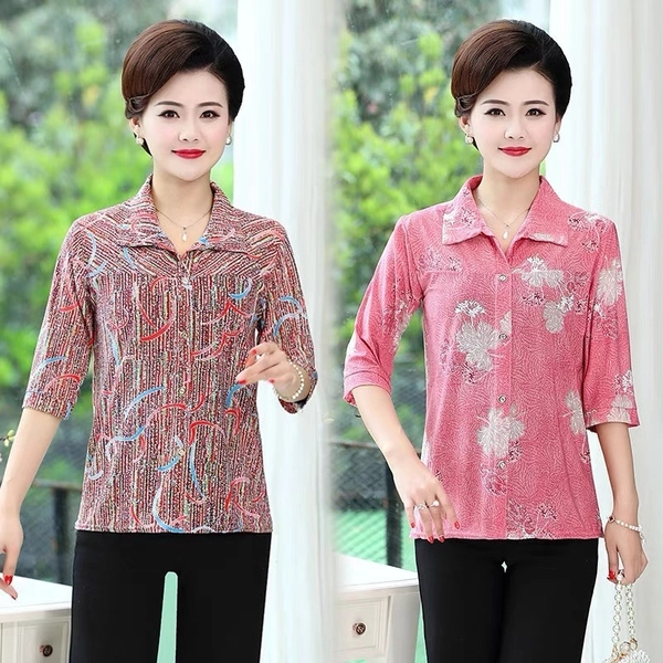 夏装中老年女装上衣翻领七分袖上衣赶集货源