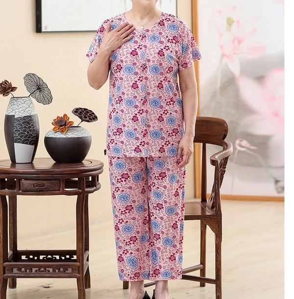 中老年人夏装妈妈套装奶奶装冰丝老太太短袖两件套