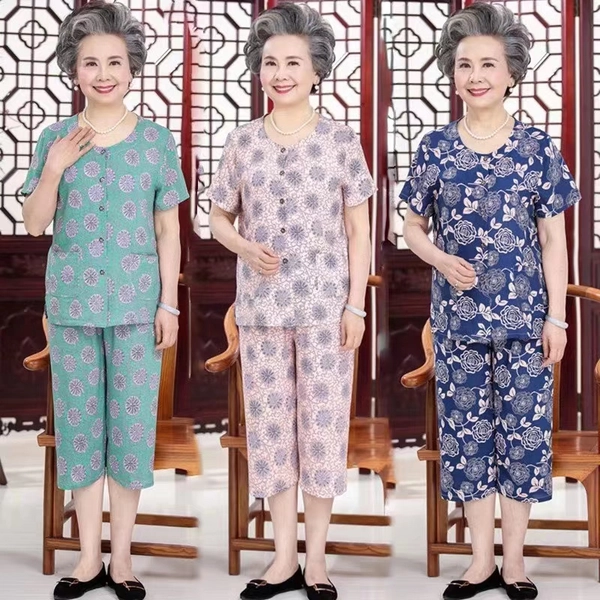 中老年人夏装妈妈套装奶奶装冰丝老太太短袖两件套