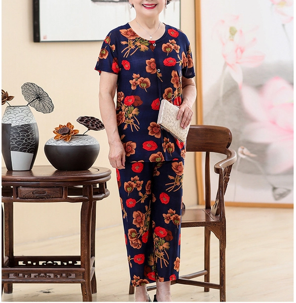 中老年人夏装妈妈套装奶奶装冰丝老太太短袖两件套