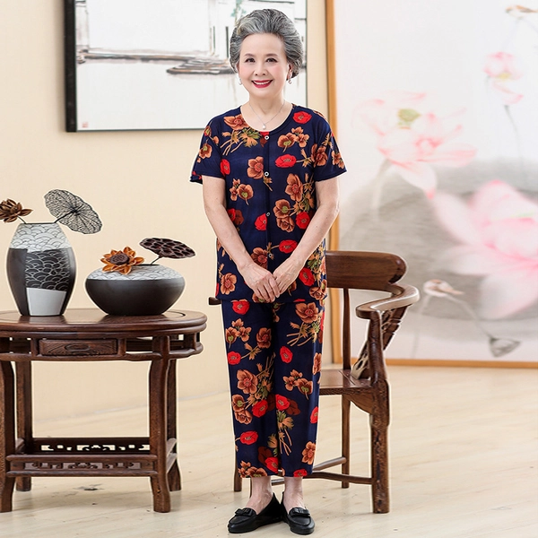 中老年人夏装妈妈套装奶奶装冰丝老太太短袖两件套