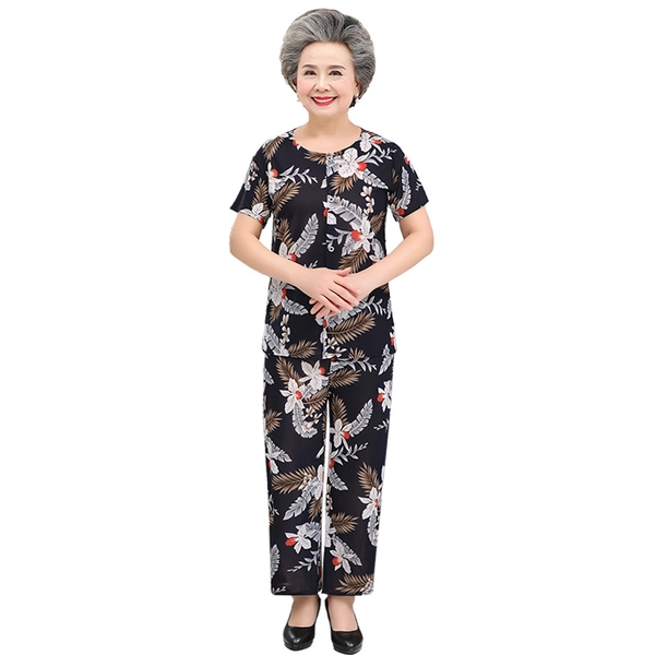 中老年人夏装妈妈套装奶奶装冰丝老太太短袖两件套