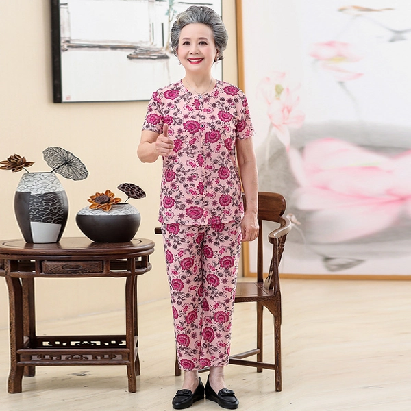 中老年人夏装妈妈套装奶奶装冰丝老太太短袖两件套