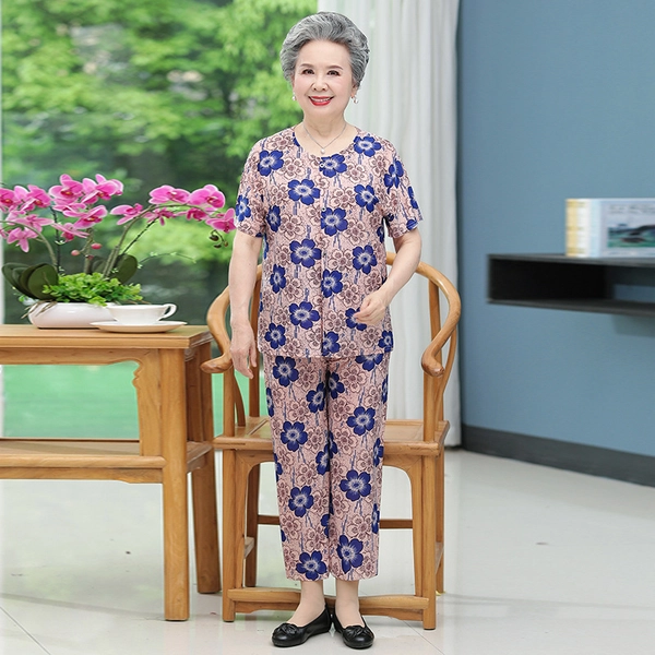 中老年人夏装妈妈套装奶奶装冰丝老太太短袖两件套