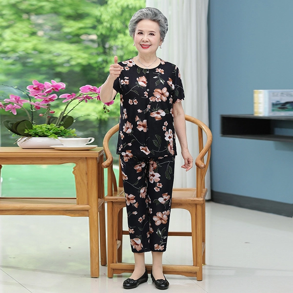 中老年人夏装妈妈套装奶奶装冰丝老太太短袖两件套