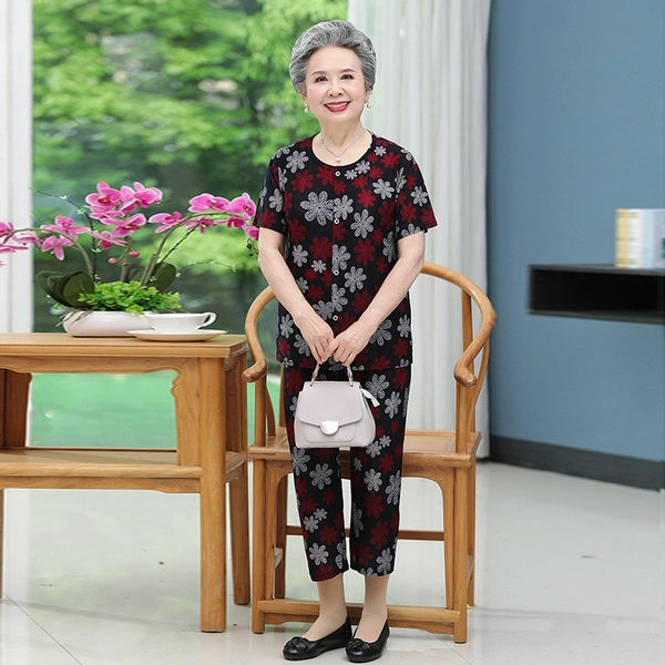 中老年人夏装妈妈套装奶奶装冰丝老太太短袖两件套