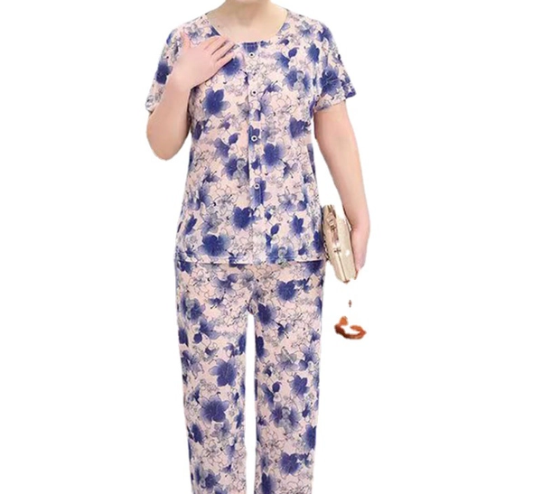 中老年人夏装妈妈套装奶奶装冰丝老太太短袖两件套
