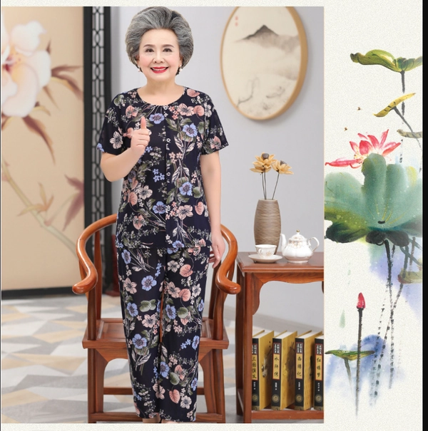 中老年人夏装妈妈套装奶奶装冰丝老太太短袖两件套