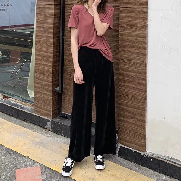 女装百搭冰丝阔腿裤百褶冰冰裤休闲运动阔腿拖地裤