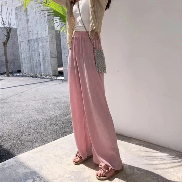 女装百搭冰丝阔腿裤百褶冰冰裤休闲运动阔腿拖地裤