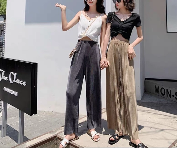 女装百搭冰丝阔腿裤百褶冰冰裤休闲运动阔腿拖地裤