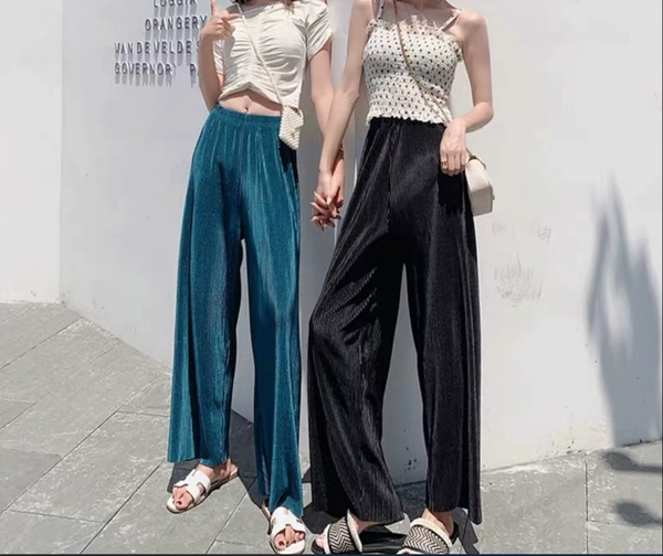 女装百搭冰丝阔腿裤百褶冰冰裤休闲运动阔腿拖地裤