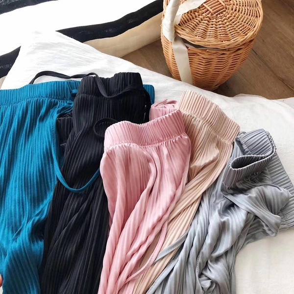 女装百搭冰丝阔腿裤百褶冰冰裤休闲运动阔腿拖地裤