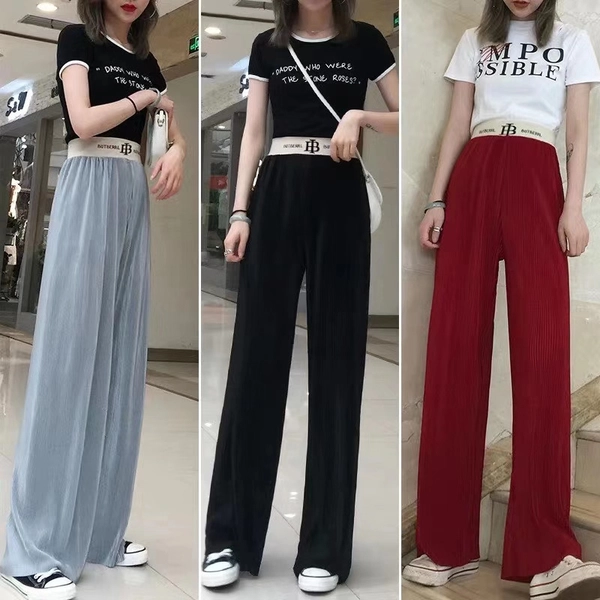 垂坠感百褶阔腿裤高腰宽松显瘦百搭休闲直筒拖地裤