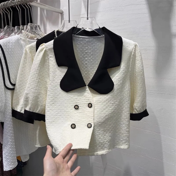 小香风短袖小衫夏季新款韩版百搭温柔风小个子短袖上衣