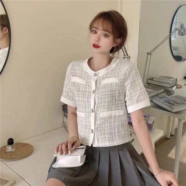 小香风短袖小衫夏季新款韩版百搭温柔风小个子短袖上衣