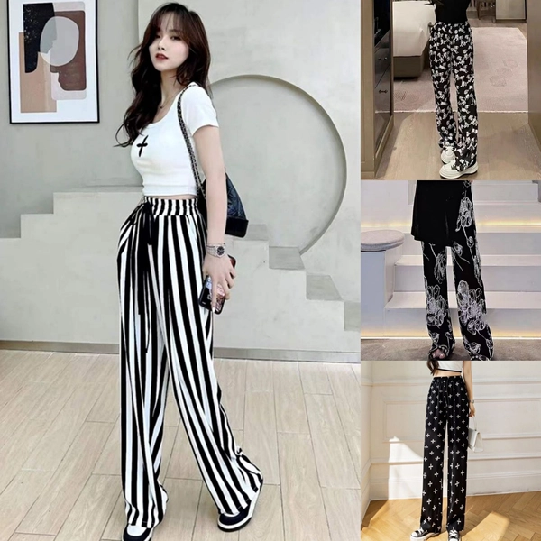 新款韩版百搭高腰显瘦抽绳冰雪丝阔腿裤