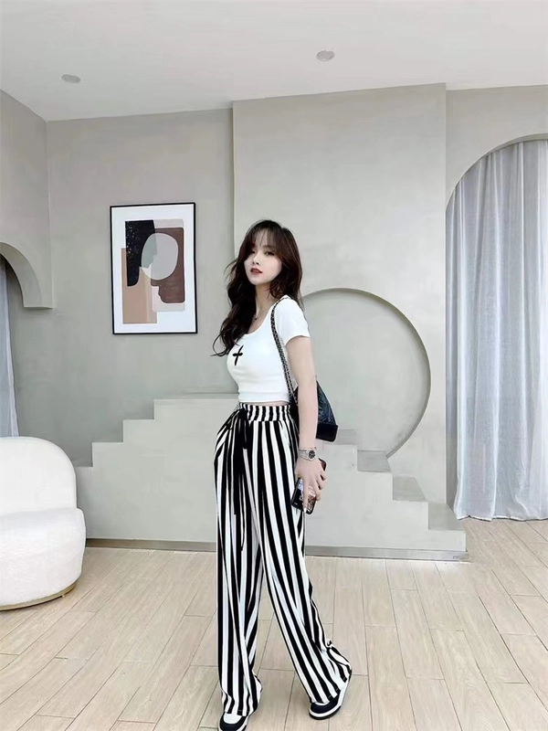 新款韩版百搭高腰显瘦抽绳冰雪丝阔腿裤