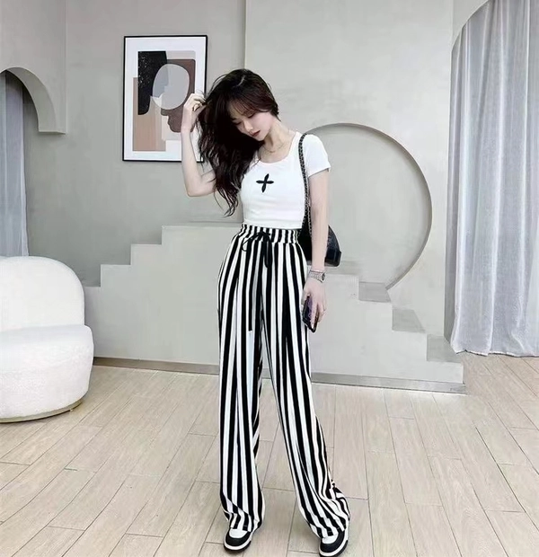 新款韩版百搭高腰显瘦抽绳冰雪丝阔腿裤