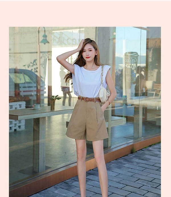 洗水棉夏季新款学院风松紧腰高腰直筒阔腿修身显瘦休闲百搭五分裤