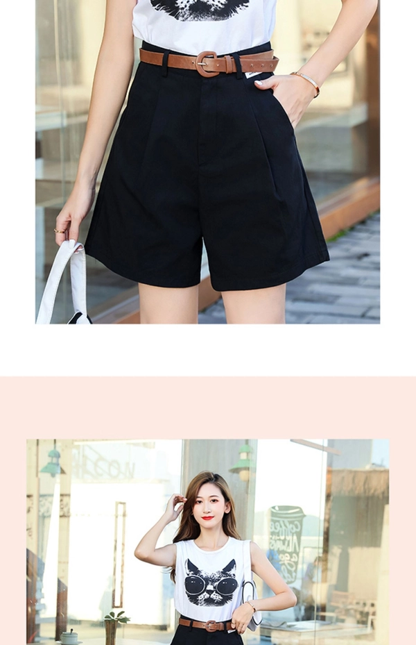 洗水棉夏季新款学院风松紧腰高腰直筒阔腿修身显瘦休闲百搭五分裤