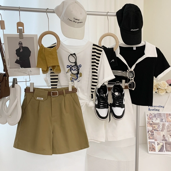 夏季休闲洗水棉阔腿裤女装新款显瘦宽松直筒五分裤