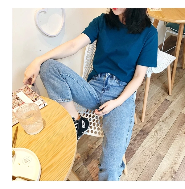 夏装新款纯棉短袖t恤女宽松ins打底衫空白罗纹棉T恤