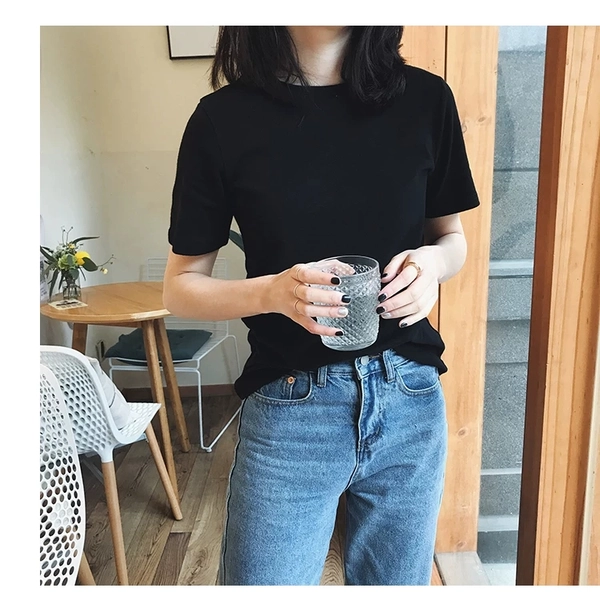 夏装新款纯棉短袖t恤女宽松ins打底衫空白罗纹棉T恤