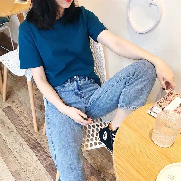 夏装新款纯棉短袖t恤女宽松ins打底衫空白罗纹棉T恤