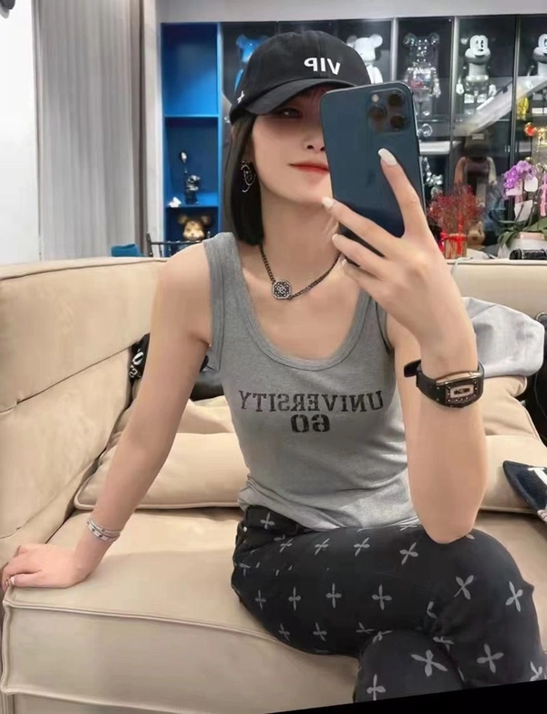 韩系夏季高弹细螺纹薄料短款背心字母印图修身显瘦百搭背心