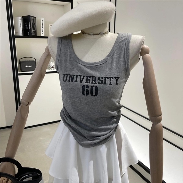 韩系夏季高弹细螺纹薄料短款背心字母印图修身显瘦百搭背心