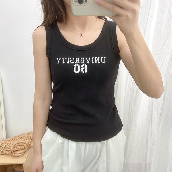 韩系夏季高弹细螺纹薄料短款背心字母印图修身显瘦百搭背心