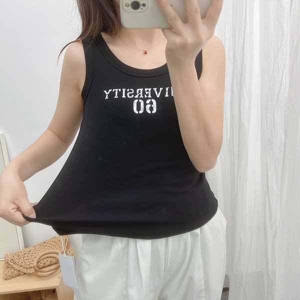 韩系夏季高弹细螺纹薄料短款背心字母印图修身显瘦百搭背心