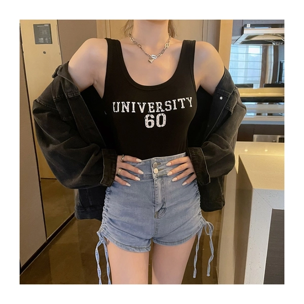 韩系夏季高弹细螺纹薄料短款背心字母印图修身显瘦百搭背心