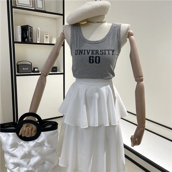 韩系夏季高弹细螺纹薄料短款背心字母印图修身显瘦百搭背心