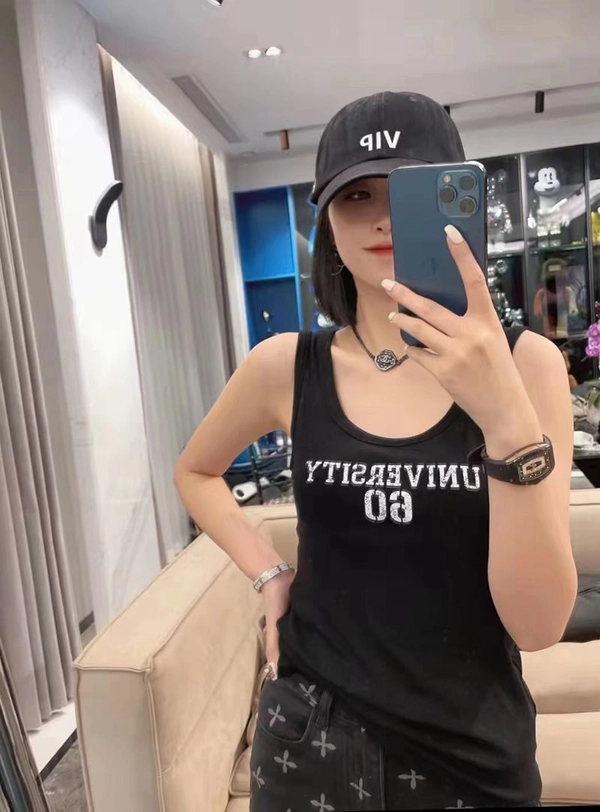 韩系夏季高弹细螺纹薄料短款背心字母印图修身显瘦百搭背心