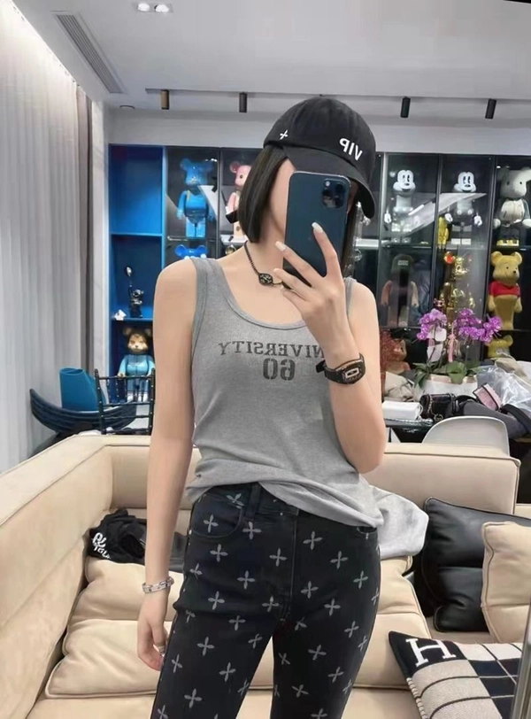 韩系夏季高弹细螺纹薄料短款背心字母印图修身显瘦百搭背心