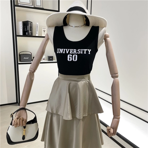 韩系夏季高弹细螺纹薄料短款背心字母印图修身显瘦百搭背心