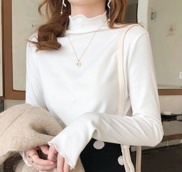 直播爆款纯棉打底衫保暖秋冬修身木耳边百搭纯色打底衫