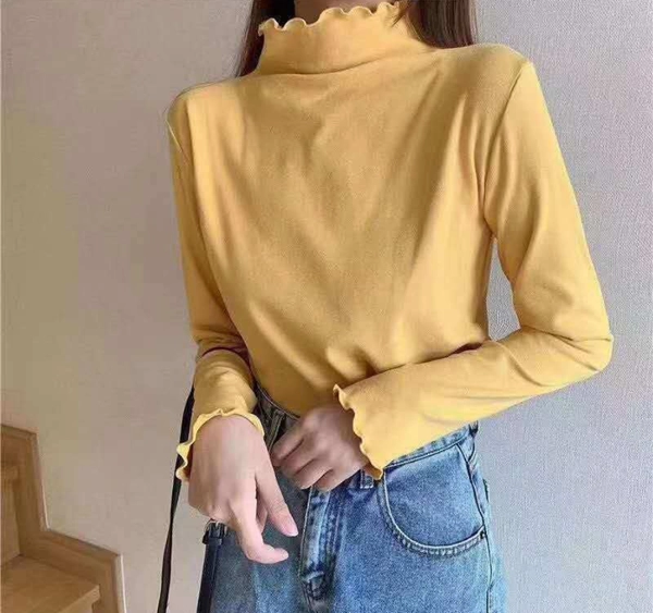 直播爆款纯棉打底衫保暖秋冬修身木耳边百搭纯色打底衫