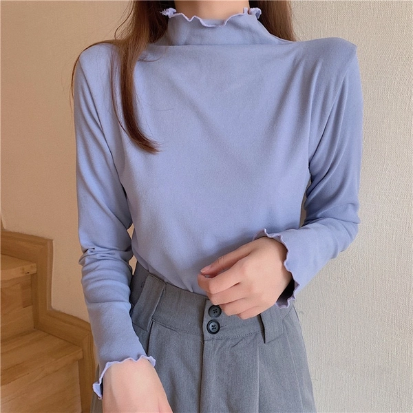 直播爆款纯棉打底衫保暖秋冬修身木耳边百搭纯色打底衫