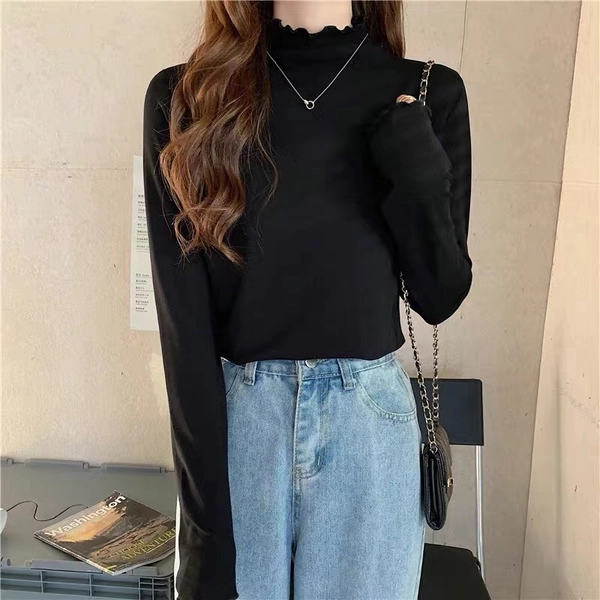 直播爆款纯棉打底衫保暖秋冬修身木耳边百搭纯色打底衫