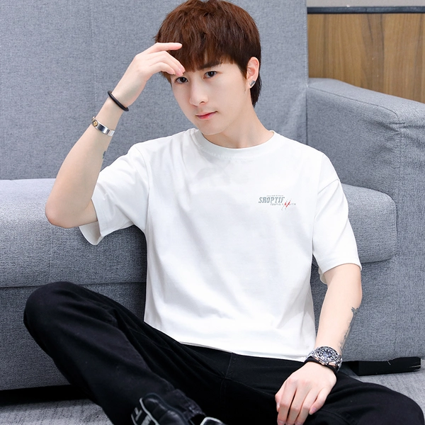 男士韩版夏季100%纯棉上衣服潮流夏天修身半袖